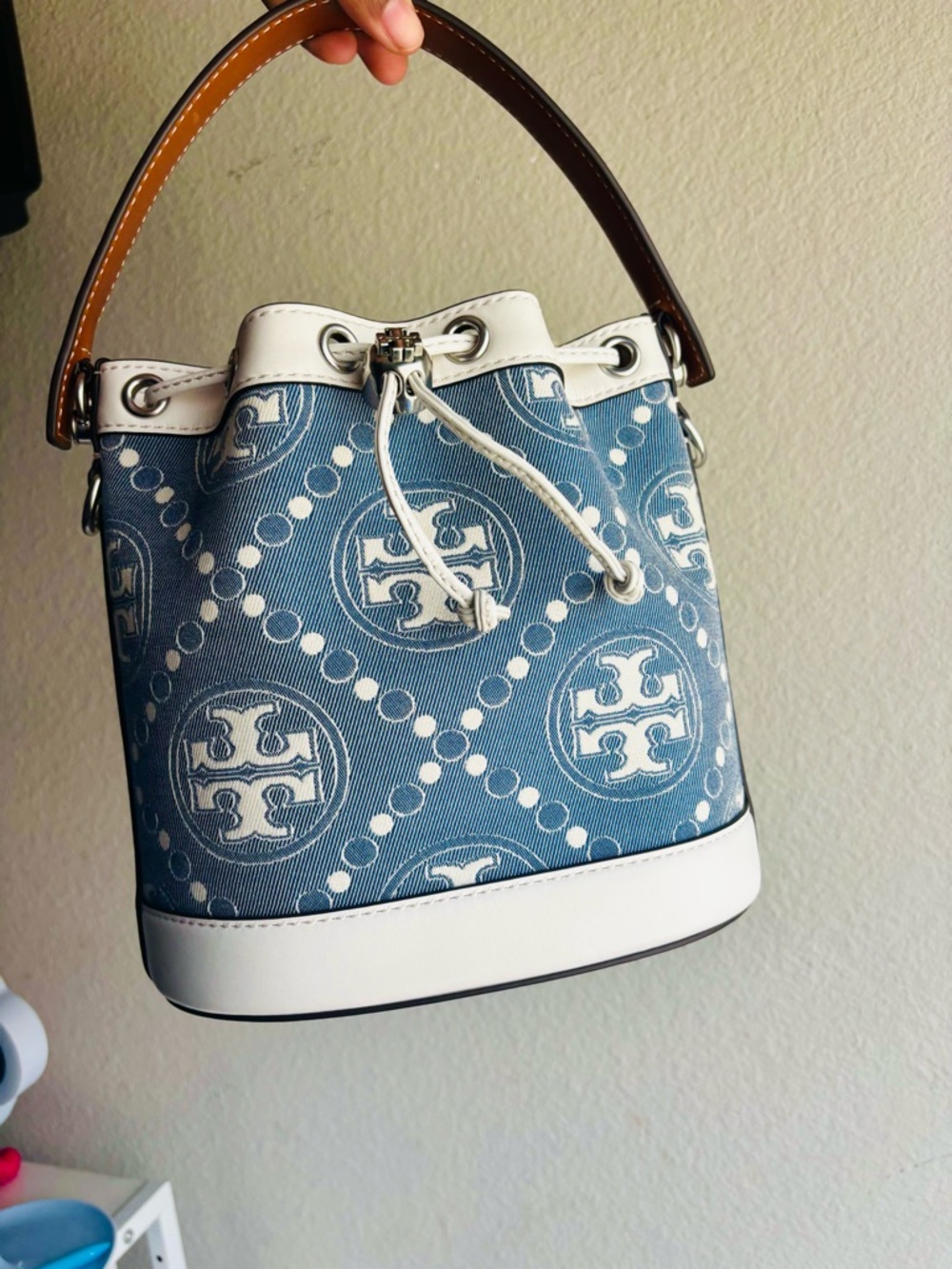 Tory Burch Blue and White Logo Drawstring Mini Bucket Bag